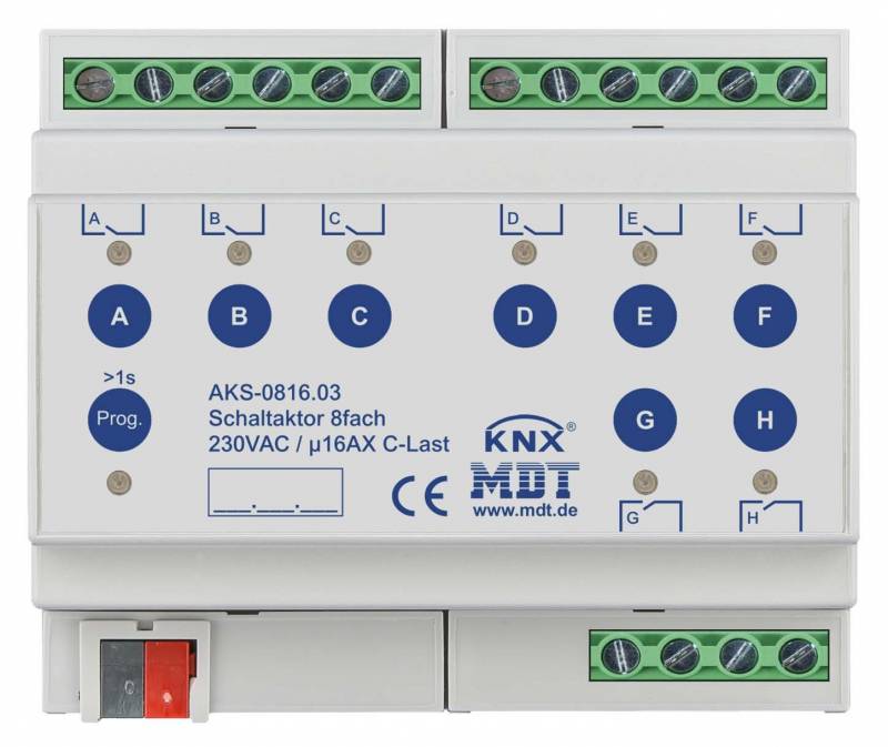 MDT AKS-0816.03 Schaltaktor 8fach 6TE REG 16A 230VAC C-Last Standard MDT AKS-0816.03 Schaltaktor 8fach 6TE REG 16A 230VAC C-Last Standard von MDT technologies GmbH