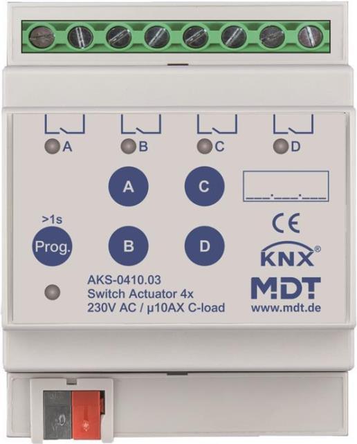 MDT AKS-0410.03 Schaltaktor 4fach 4TE REG 10A 230VAC C-Last Standard 140ÂµF (AKS-0410.03) von MDT