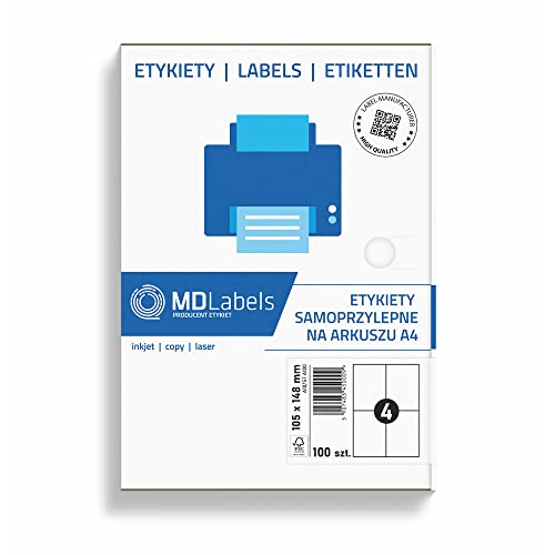 MD Labels Universal 4 Etiketten DIN A4 (105x148 mm, 400 Etiketten auf 100 Blätter) Klebeetiketten– bedruckbare - Weiß- aufkleber papier für drucker a4 von MDlabels