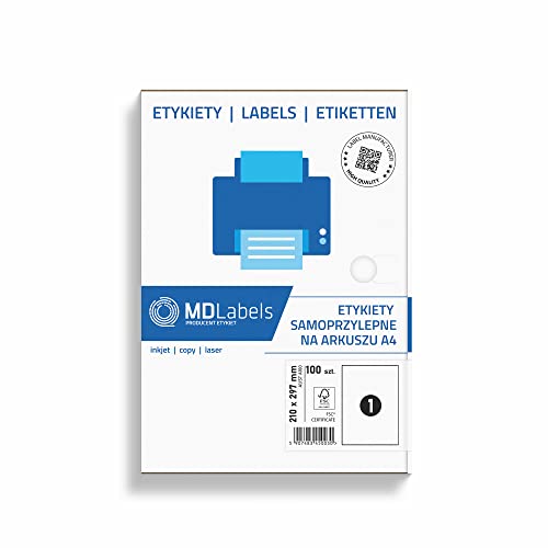 MDlabels Universal 1 Etiketten DIN A4 (210x297 mm, 100 Etiketten auf 100 Blätter) Klebeetiketten– bedruckbare - Weiß von MDlabels