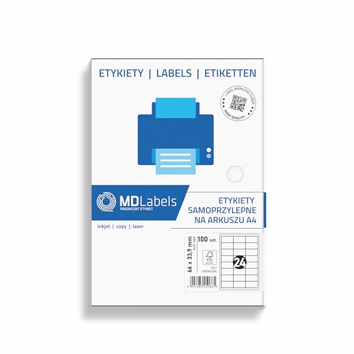 MDlabels Universal Etiketten 66x33,9 mm 24 Etiketten din A4-100 Blätter - 2400 Etiketten- bedruckbare - Weiß - selbstklebend - für barcode - Amazon FBA Label von MDlabels