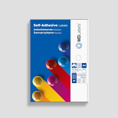 MDlabels Universal Etiketten DIN A4 70x42,60mm, 2100 Etiketten- Mattes Papier Klebeetiketten– bedruckbare - Weiß - Barcode-Etiketten von MD Labels