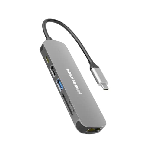 MEANHIGH USB C Hub 6-in-1 Typ C auf HDMI Adapter mit 4K 60Hz Multiport Dongle 100W PD Ladestation SD/TF Kartenleser für MacBook Air, MacBook Pro, XPS, Flash Drive, Mobile HDD von MEANHIGH