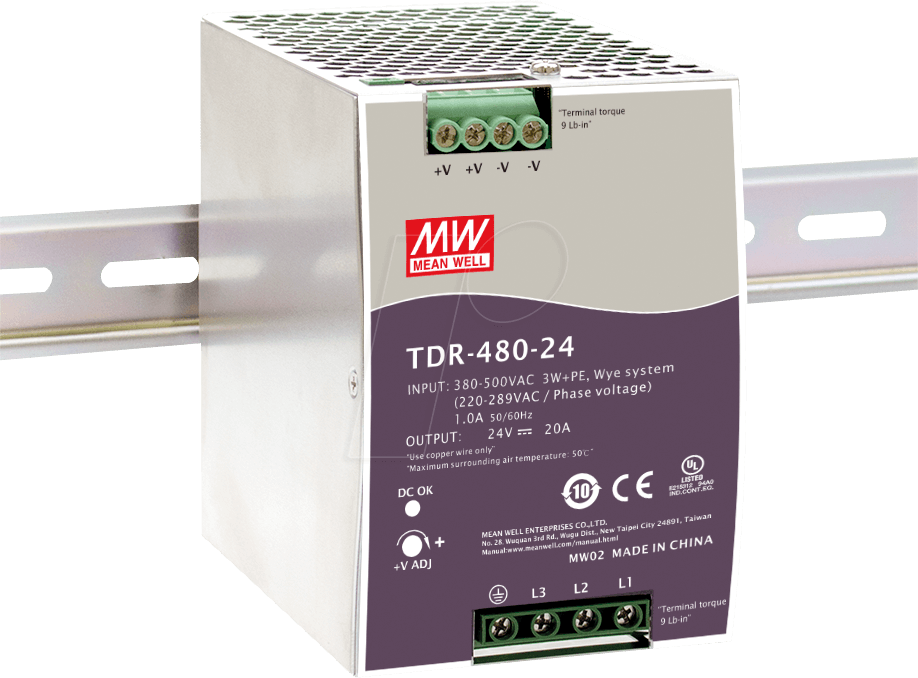 MW TDR-480-24 - Schaltnetzteil, Hutschiene, 480 W 24 V, 20 A von MEANWELL