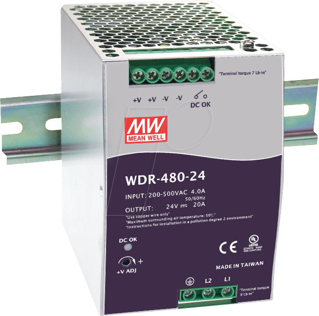 MW WDR-480-24 - Schaltnetzteil, Hutschiene, 480 W, 24 V, 20 A von MEANWELL