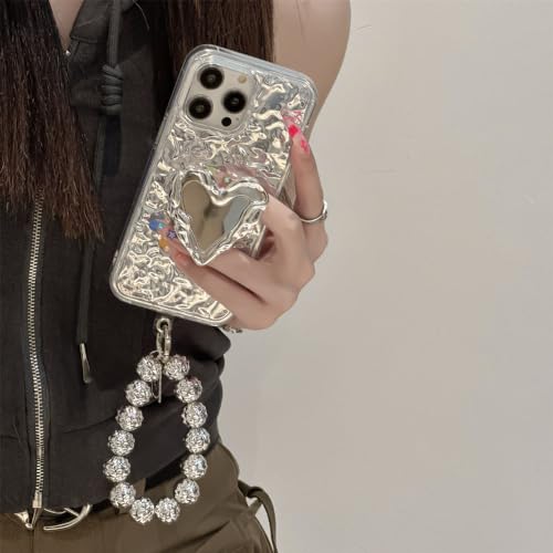 MEBEME Luxuriöse koreanische Herz-Spiegel-Armband-Hülle mit unregelmäßigem Perlenarmband, Alufolie-Muster, für iPhone 14, 13, 12, 11 Pro Max, stoßfeste Abdeckung, B, für iPhone 12 von MEBEME
