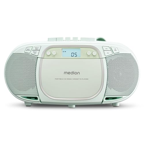 MEDION E66476 Stereo Sound System (Boombox, CD-Player, MP3, Kassette, tragbarer Kassettenspieler für Kinder, UKW Radio, AUX, Kopfhörer, Netz & Batterie) grün von MEDION