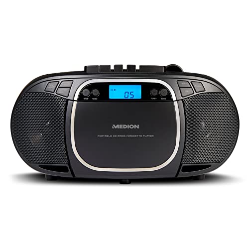 MEDION E66476 Stereo Sound System (Boombox, CD-Player, MP3, Kassette, tragbarer Kassettenspieler für Kinder, UKW Radio, AUX, Kopfhörer, Netz & Batterie) schwarz von MEDION