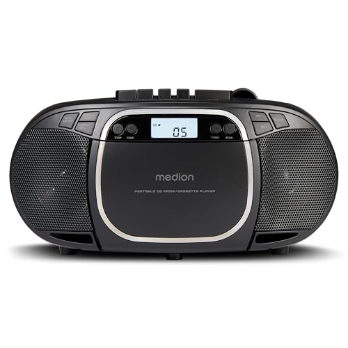 MEDION E66476 Stereo Sound System (Boombox, CD-Player, MP3, Kassette, tragbarer Kassettenspieler für Kinder, UKW Radio, AUX, Kopfhörer, Netz & Batterie) schwarz von MEDION