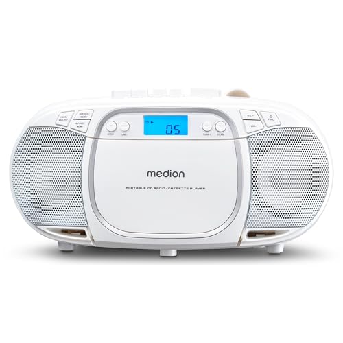 MEDION E66476 Stereo Sound System (Boombox, CD-Player, MP3, Kassette, tragbarer Kassettenspieler für Kinder, UKW Radio, AUX, Kopfhörer, Netz & Batterie) weiß von MEDION