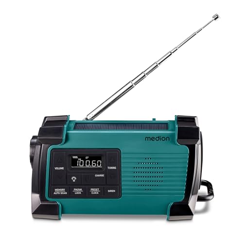 MEDION E66805 Kurbelradio (Solar, Dynamo Handkurbel, Baustellenradio, PLL UKW Radio, Taschenlampe IPX4 Spritzwasserschutz, SOS Notfall Funktion) von MEDION