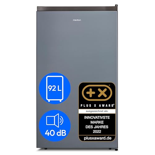 MEDION Kühlschrank (Tisch Vollraumkühlschrank, bis zu 130 Liter, 85cm Höhe, Glasablagen, transparente Gemüseschublade, freisetehend, Türanschlag wechselbar) silber weiß (Silber, 92 Liter) von MEDION