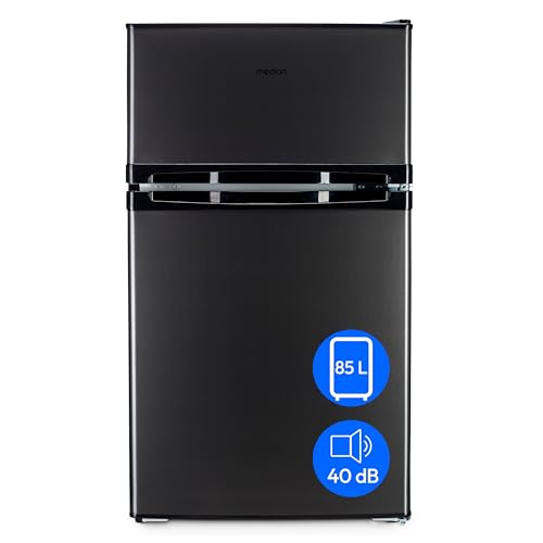 MEDION Mini Kühl-Gefrierkombination (85 Liter, 61L Kühlteil, 24L Gefrierteil, freistehend, 40 dB, transparente Gemüseschublade, Türanschlag wechselbar, MD 37689) grau von MEDION