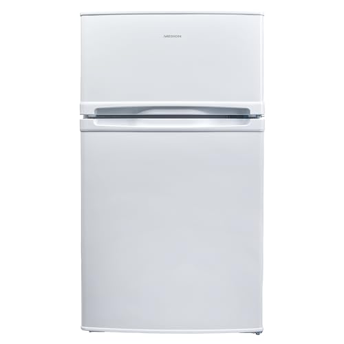 MEDION Mini Kühl-Gefrierkombination (85 Liter, 61L Kühlteil, 24L Gefrierteil, freistehend, 40 dB, transparente Gemüseschublade, Türanschlag wechselbar, MD 37689) weiß von MEDION
