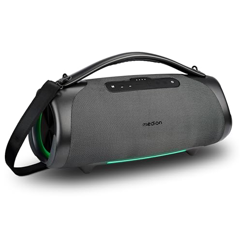 MEDION P61768 tragbarer Bluetooth Lautsprecher (Akku, Bass Boost, Musikbox, RGB Lichteffekte, IPX7 Wasserschutz & robust, integrierte Powerbank, 100W (RMS) total, 2X 25W + 50W) Anthrazit von MEDION