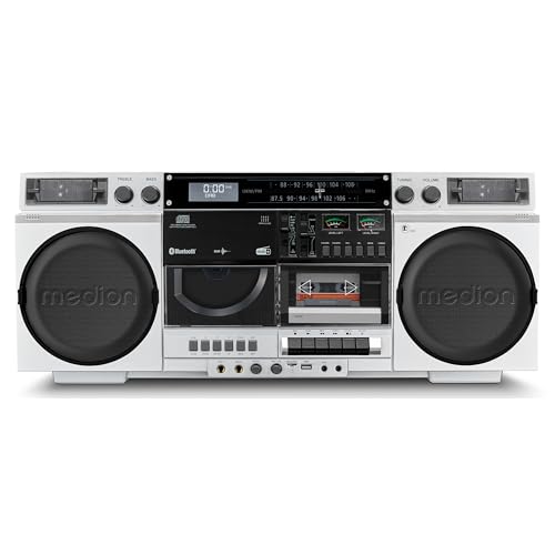 MEDION P66538 Kassettenrecorder (Retro Ghettoblaster mit CD-Player, 80er, groß, USB, SD, CD, Kassetten MC, DAB+ Radio Teleskopantenne, Bluetooth, Kassettendeck, Aufnahmefunktion, Batteriebetrieben) von MEDION