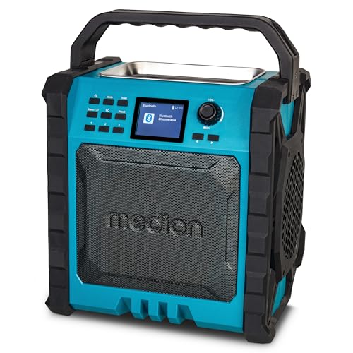 MEDION P66896 Baustellenradio (DAB Plus, DAB+/UKW, integrierter Akku, Farbdisplay, Bluetooth, Powerbank-Funktion, IP54, robust, Zwei Passivradiatoren) von MEDION