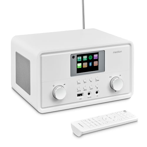 MEDION P85027 Internetradio (DAB Plus, UKW Radio, Spotify Connect, WLAN, Bluetooth, Streaming, Equalizer, Farbdisplay, USB, AUX, Wecker, Schlummerfunktion, Sleep Timer) weiß von MEDION