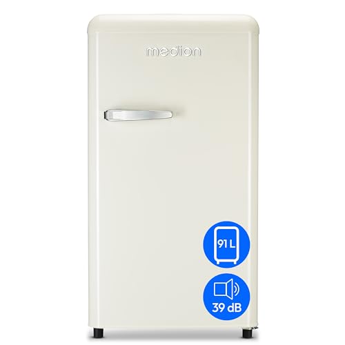 MEDION Retro Kühlschrank (91 Liter, 91cm Höhe (höhenverstellbare Füße), höhenverstellbare Glasablagen, transparente Gemüseschublade, freistehend, Türanschlag rechts, Metall Türgriff, MD37800) cream von MEDION