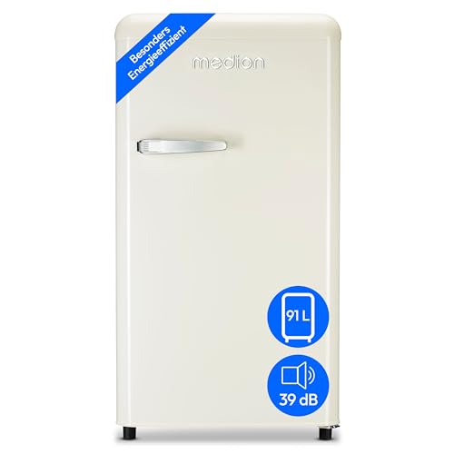 MEDION Retro Kühlschrank (91 Liter, 91cm Höhe (höhenverstellbare Füße), höhenverstellbare Glasablagen, transparente Gemüseschublade, freistehend, Türanschlag rechts, Metall Türgriff, MD37800) cream von MEDION