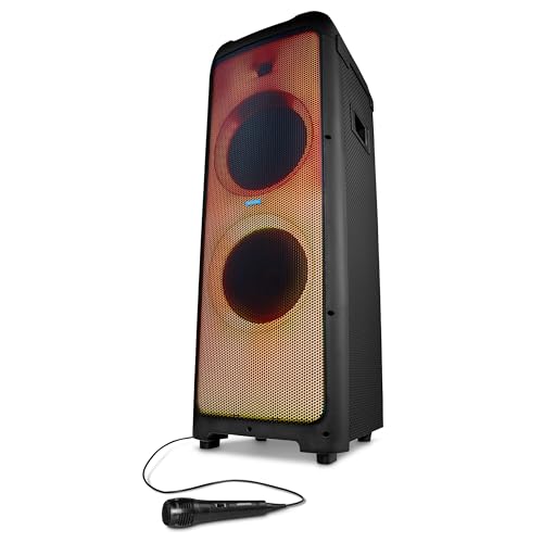 MEDION X61350 Party-Soundsystem (Partylautsprecher inkl. Mikrofon, Karaoke Partybox, Bluetooth, DJ Funktion, LED Lichtshow, 2X 85 Watt + 350 Watt RMS Subwoofer, USB, AUX, Cinch, Gitarrenanschluss) von MEDION