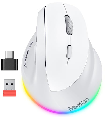 MEETION Ergonomische Maus, Kabellose Vertikale Maus RGB Wiederaufladbare Funkmaus für Bluetooth(5.2 + 3.0) & USB-A mit USB-C Adapter 4 Einstellbare DPI für Mac/Windows/Andriod/PC/Tablet/iPad Grau von MEETION