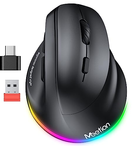 MEETION Ergonomische Maus, kabellose vertikale Maus RGB-Hintergrundbeleuchtung Wiederaufladbare Maus für Bluetooth(5.2 + 3.0) & USB-A mit USB-C Empfänger Schwarz von MEETION