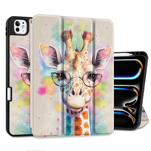 MEEgoodo Hülle für M4 iPad Pro 11 Zoll Hülle 2024, Tablet Cover mit dreifach faltbarem Ständer & Stifthalter & Auto Wake/Sleep & Soft TPU Back Cover, Giraffe von MEEgoodo