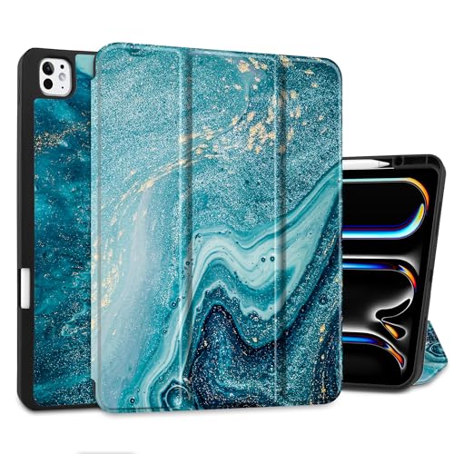 MEEgoodo Hülle für M4 iPad Pro 13 Zoll Hülle 2024, Tablet-Hülle mit dreifach faltbarem Ständer + Stifthalter + automatische Wake/Sleep-Funktion + weiche TPU-Rückseite für Kinder, abstraktes Ozean von MEEgoodo