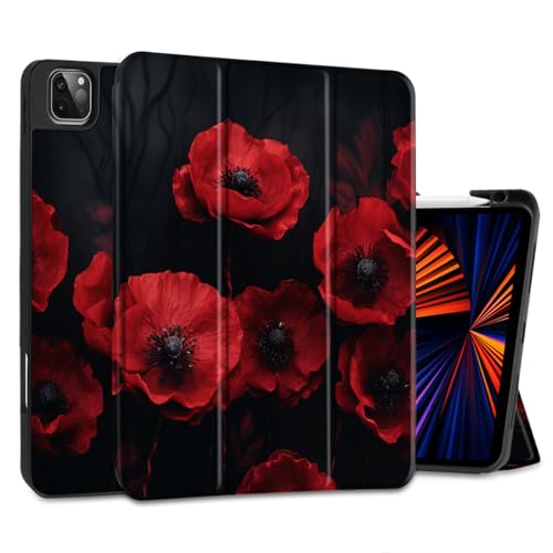 MEEgoodo Schutzhülle für iPad Pro M2 12.9 6./5./4./3. Generation 2022 2021 2020 2018 mit Stifthalter, Tablet-Hülle mit weicher TPU-Rückseite, rote Mohnblumen von MEEgoodo