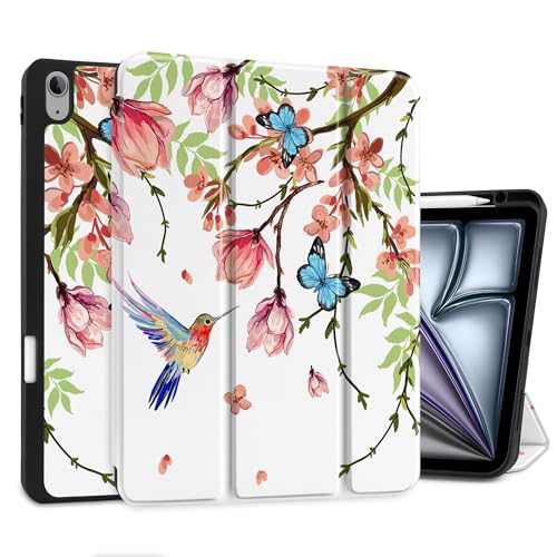 MEEgoodo Schutzhülle für iPad Air 13 Zoll 2025 2024 (M3/M2), Tablet-Hüllen mit dreifach faltbarem Ständer + Stifthalter + automatische Wake/Sleep-Funktion + weiche TPU-Rückseite, Vögel und Blumen von MEEgoodo