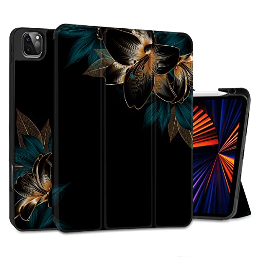MEEgoodo Schutzhülle für iPad Pro M2 12.9 6./5./4./3. Generation 2022 2021 2020 2018 mit Stifthalter, Tablet-Hülle mit weicher TPU-Rückschale, goldene Lilien von MEEgoodo