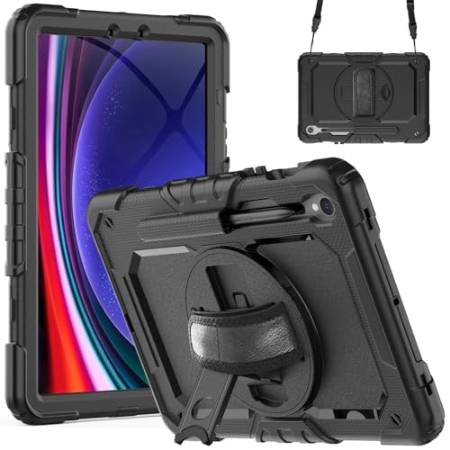 MEFEPLPBZC 360 Rotation Tablet-Hülle passend for Samsung Galaxy Tab S9 FE 10,9 Zoll SM-X510 / X516 mit Handschlaufe und Schultergurt(Black) von MEFEPLPBZC