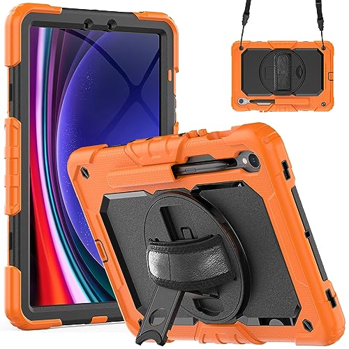 MEFEPLPBZC 360 Rotation Tablet-Hülle passend for Samsung Galaxy Tab S9 FE 10,9 Zoll SM-X510 / X516 mit Handschlaufe und Schultergurt(Orange) von MEFEPLPBZC