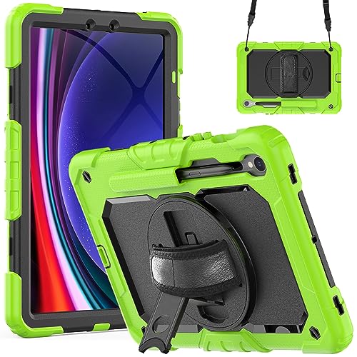 MEFEPLPBZC 360 Rotation Tablet-Hülle passend for Samsung Galaxy Tab S9 FE 10,9 Zoll SM-X510 / X516 mit Handschlaufe und Schultergurt(Yellow Green) von MEFEPLPBZC