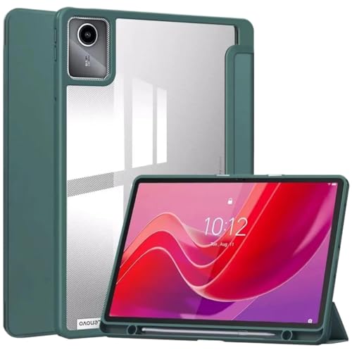 MEFEPLPBZC Dreifach gefaltete magnetische Smart-Tablet-Hülle, geeignet for Lenovo Tab M11/Xiaoxin Pad 2024 TB330FU 11 Zoll, Acryl-Hartrücken-Stifthalter(Dark Green,Tab M11) von MEFEPLPBZC