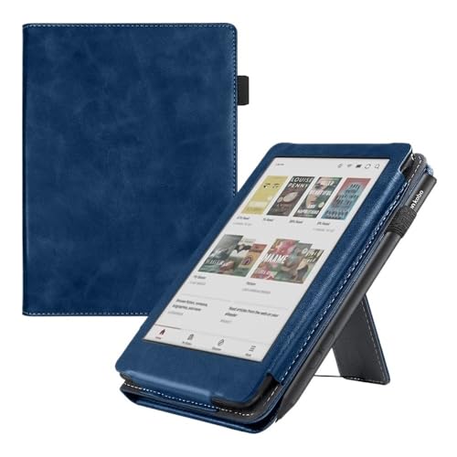 MEFEPLPBZC Standhülle passend for Kobo Clara BW N365 (2024) 6 Zoll mit Handschlaufenhalter PU-Lederbezug(Dark Blue) von MEFEPLPBZC