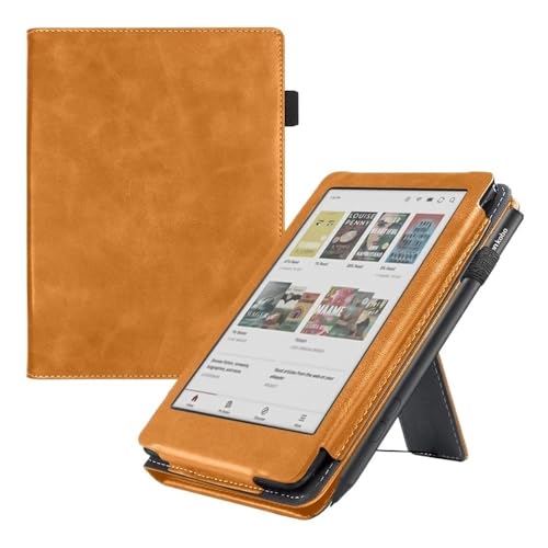 MEFEPLPBZC Standhülle passend for Kobo Clara BW N365 (2024) 6 Zoll mit Handschlaufenhalter PU-Lederbezug(Light Brown) von MEFEPLPBZC