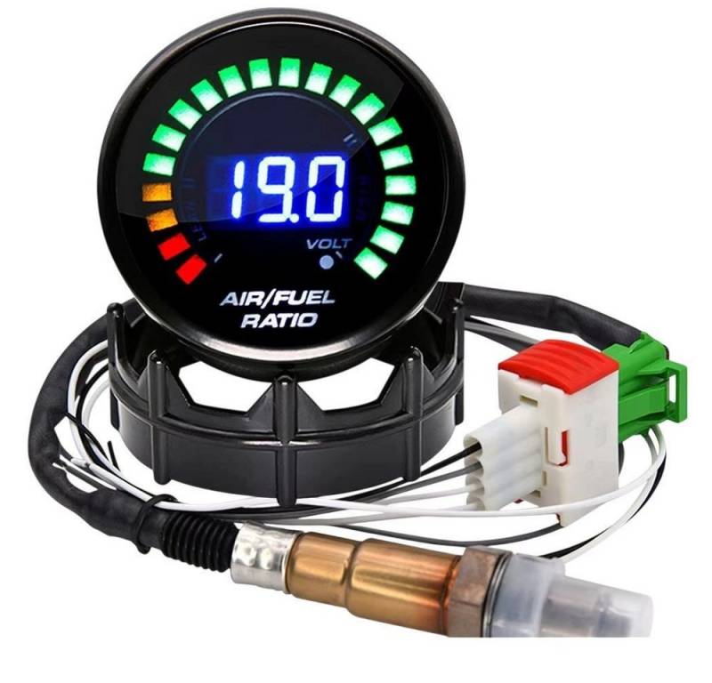 MEGAGOODS Anzeigegerät AFR Anzeige 52 mm Digital Smoked mit O2 Sensor 12V Benzin DE., 52mm Anzeige-Set mit O2 Sensor, einfache Installation, Zuverlässiges Instrument für Benzinmotoren von MEGAGOODS
