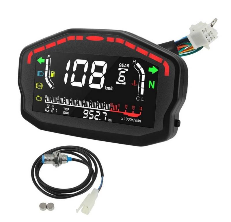MEGAGOODS Tachometer Motorrad-Tacho LCD mit Drehzahlmesser und Tankanzeige DE., Inkl. Speed-Sensor und Kabel, Sportliches Design, einfache Installation von MEGAGOODS