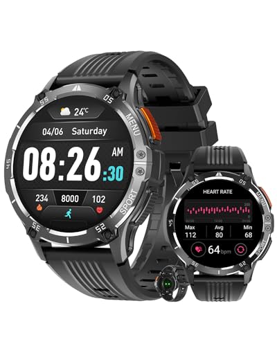 MEGALITH Smartwatch Herren Fitness Telefonfunktion: Bluetooth 1,43-Zoll Smart Watch IP67 Wasserdicht Sportuhr Pulsuhr Schwarz Gummiband von MEGALITH