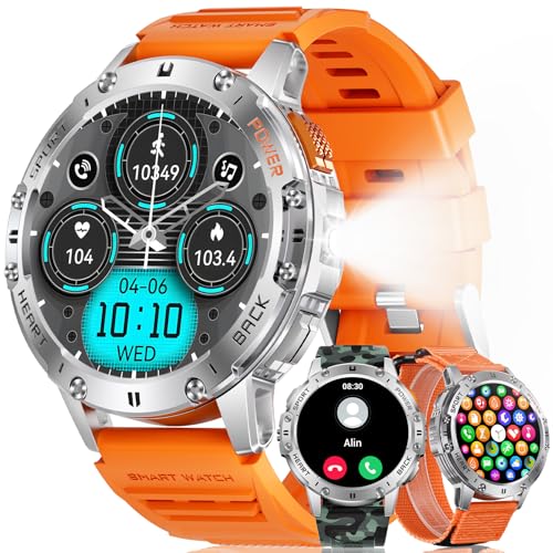 MEGALITH Smartwatch Herren Fitness Uhren: LED Taschenlampe Wasserdicht IP68 Sport Fitnessuhr - Tracker Schrittzähler Smart Watch - Blutdruckmessung Pulsmesser Kompatibel Android iOS Silber von MEGALITH