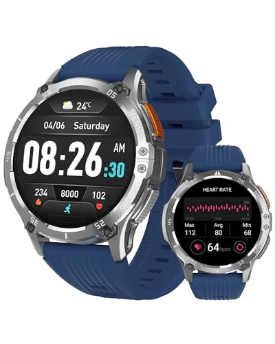 MEGALITH Smartwatch Herren Telefonfunktion Bluetooth: IP67-Wasserdicht 1,43-Zoll Smart Watch Sportuhr Fitness Pulsuhr Blau Gummiband von MEGALITH