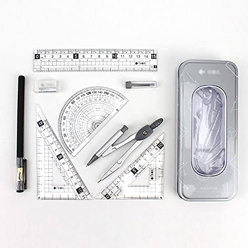 MEGAUK Geometrie Set mit Zirkel Mathematik-Set Schreibwaren-Set für Kinder Schule Uni, gerades Lineal Stellwinkel Dreieck Winkelmesser in stabiler Metallbox, Silbergrau von MEGAUK