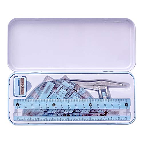 MEGAUK Geometrie Set mit Zirkel Mathematik-Set Schreibwaren-Set für Kinder Schule Uni, gerades Lineal Stellwinkel Dreieck Winkelmesser in stabiler Metallbox 10 tlg. (Blau) von MEGAUK
