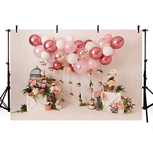 MEHOFOND 2,1 x 1,5 m Rosa Mädchen 1. Geburtstag Fotografie Hintergrund Luftballons Blumen Vogelkäfig Kinder Party Banner Dekorationen Neugeborenen Portrait Kunst Fotoshooting Studio Requisiten Vinyl von MEHOFOND