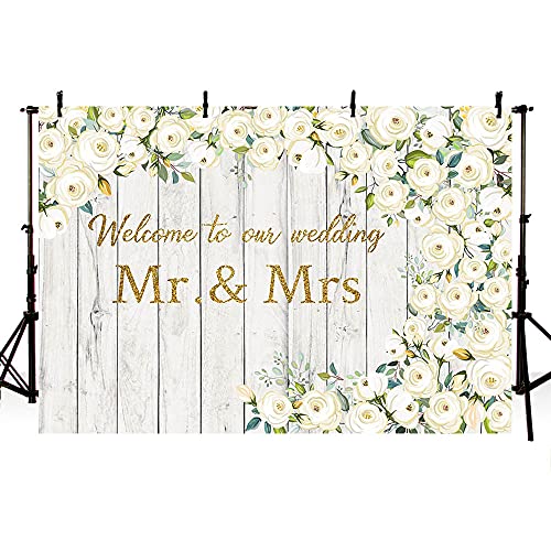 MEHOFOND 2,1 x 1,5 m White Rose Blossom Backdrop Für Hochzeitsdekoration Willkommen Zu Unserer Hochzeit Floral Retro Wooden Wall Bridal Shower Party Banner Portrait Foto Booth Vinyl von MEHOFOND