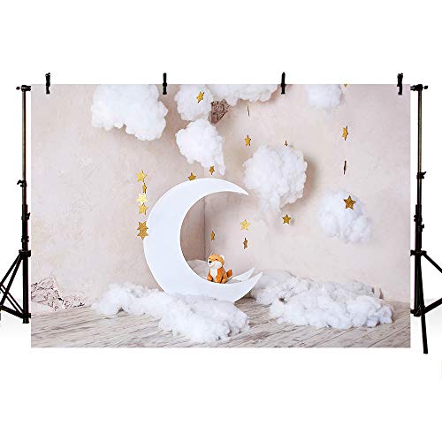 MEHOFOND 2.2x1.5m Vinyl Gemütliche Szene Wolken Sterne Mond Beige Fotohintergrund Baby Newborn Kinder Fotografie, Stoff Fotoshooting Hintergrund Geburtstag Dekoration Requisiten Kuchen Smash Studio von MEHOFOND