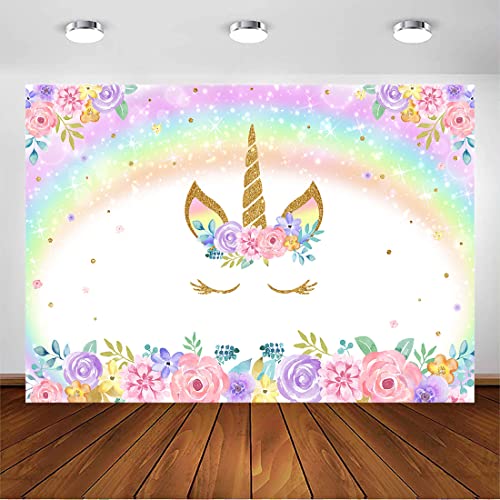 Mehofoto RegenbogenUnicorn Geburtstags-Party-Hintergrund 7x5ft Vinyl Einhorn Blumenwasser in Farbe Hintergrund von MEHOFOTO