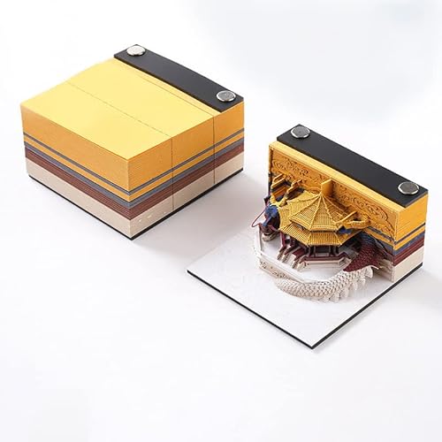 MEICHI 3D Notizblock, nicht verklebt, 3D Chinesischer Palast & Drachen, Papierkunst mit glasklarem Anzeigebox, 8 x 8 x 3,8 cm, 120 Blätter, Tischdeco von MEICHI